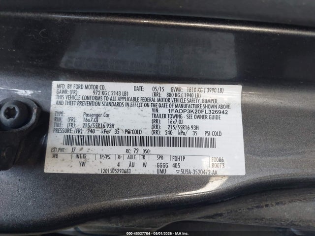 1FADP3K20FL326942 Ford FOCUS SE