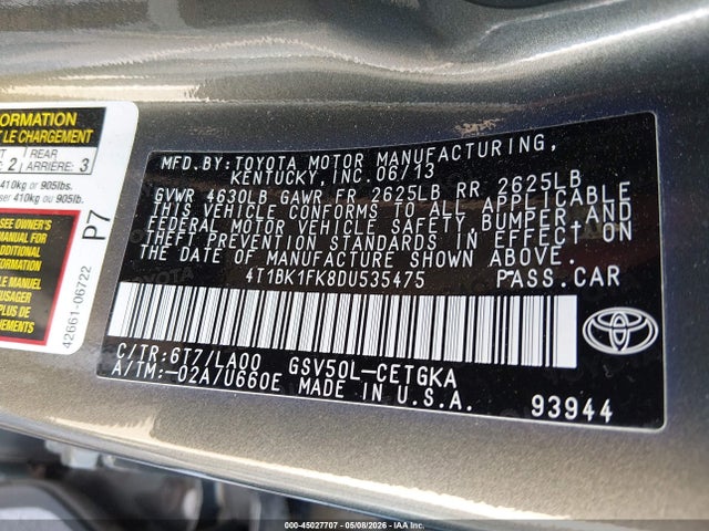 Aukcja sprzedaży 2013 Toyota Camry Xle V6, vin: 4T1BK1FK8DU535475, numer aukcji: 45027707