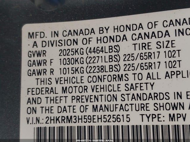 2HKRM3H59EH525615 Honda CR-V EX