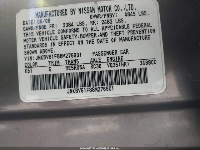 Продажа на аукционе авто 2008 Infiniti G35x, vin: JNKBV61F88M276901, номер лота: 45027716