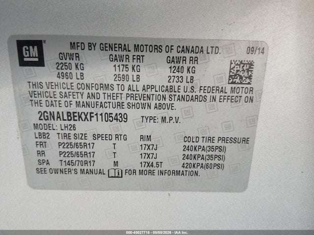 2015 Chevrolet Equinox 1lt მანქანა იყიდება აუქციონზე, vin: 2GNALBEKXF1105439, აუქციონის ნომერი: 45027718