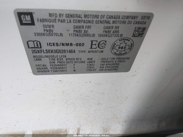 Aukcja sprzedaży 2016 Gmc Terrain Sle-1, vin: 2GKFLSEK0G6261464, numer aukcji: 45027719