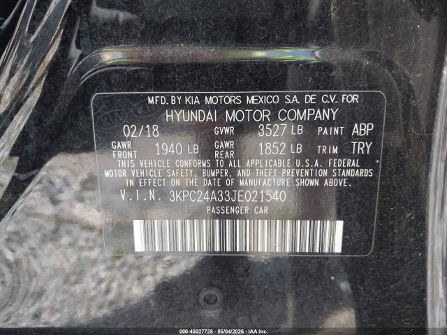 2018 Hyundai Accent Se მანქანა იყიდება აუქციონზე, vin: 3KPC24A33JE021540, აუქციონის ნომერი: 45027728