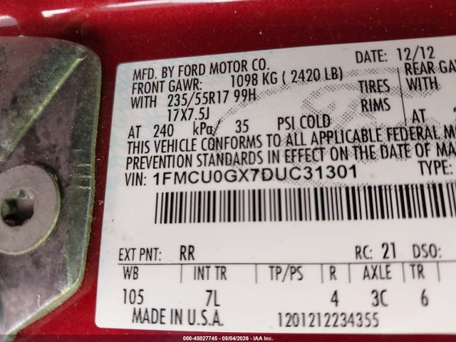 45027745 :رقم المزاد ، 1FMCU0GX7DUC31301 vin ، 2013 Ford Escape Se مزاد بيع