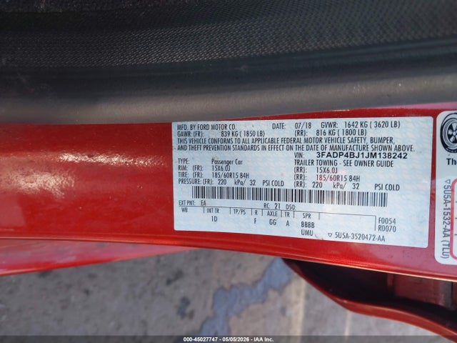 2018 Ford Fiesta Se მანქანა იყიდება აუქციონზე, vin: 3FADP4BJ1JM138242, აუქციონის ნომერი: 45027747