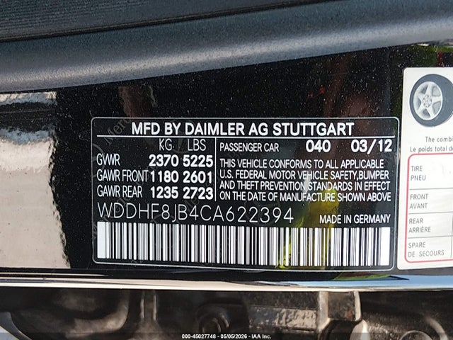 45027748 :رقم المزاد ، WDDHF8JB4CA622394 vin ، 2012 Mercedes-benz E 350 4matic مزاد بيع