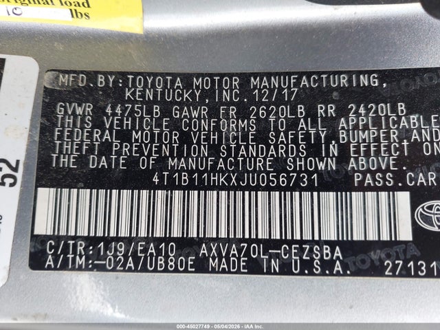 2018 Toyota Camry Se მანქანა იყიდება აუქციონზე, vin: 4T1B11HKXJU056731, აუქციონის ნომერი: 45027749