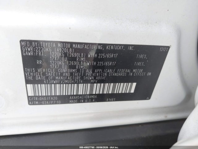 45027760 :رقم المزاد ، 4T3RWRFV2MU047514 vin ، 2021 Toyota Rav4 Hybrid Xle مزاد بيع
