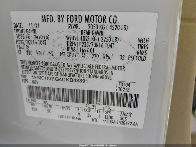 Продаж на аукціоні авто 2012 Ford Escape Limited, vin: 1FMCU0EG4CKB48891, номер лоту: 45027766