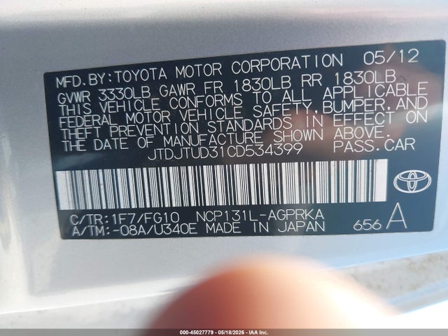 Продаж на аукціоні авто 2012 Toyota Yaris L, vin: JTDJTUD31CD534399, номер лоту: 45027779