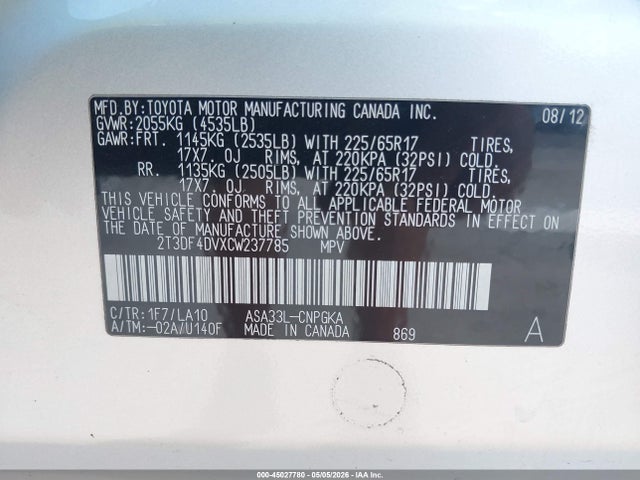 Продаж на аукціоні авто 2012 Toyota Rav4 Limited, vin: 2T3DF4DVXCW237785, номер лоту: 45027780