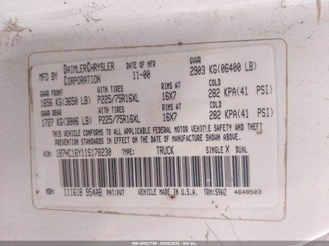 Продаж на аукціоні авто 2001 Dodge Ram 1500 St, vin: 1B7HC16Y11S178230, номер лоту: 45027785