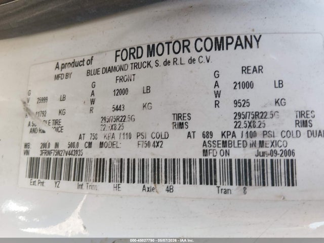 Продаж на аукціоні авто 2007 Ford F-750 Xl/xlt, vin: 3FRNF75N27V443935, номер лоту: 45027790