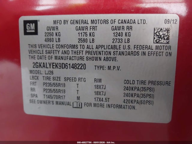 45027795 :رقم المزاد ، 2GKALYEK9D6148220 vin ، 2013 Gmc Terrain Denali مزاد بيع