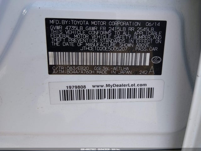 Aukcja sprzedaży 2014 Lexus Is 350, vin: JTHCE1D20E5005207, numer aukcji: 45027802