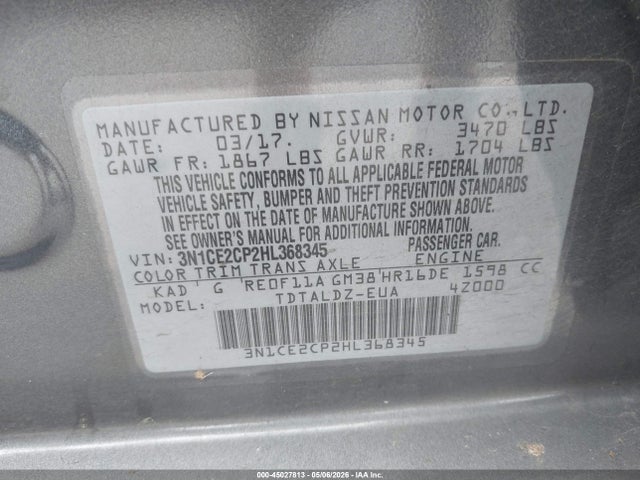 3N1CE2CP2HL368345 Nissan Versa Note Sv