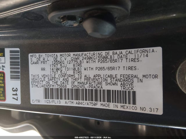 2015 Toyota Tacoma Base V6 მანქანა იყიდება აუქციონზე, vin: 3TMLU4EN5FM175668, აუქციონის ნომერი: 45027823