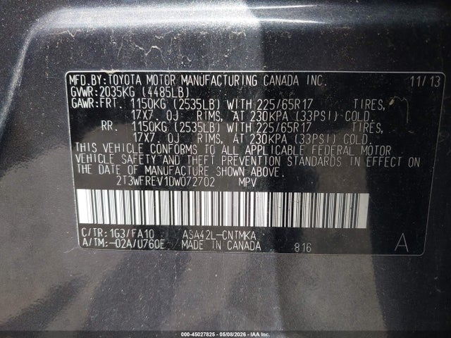 Aukcja sprzedaży 2013 Toyota Rav4 Xle, vin: 2T3WFREV1DW072702, numer aukcji: 45027825