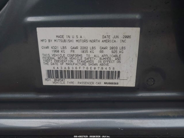 Продажа на аукционе авто 2006 Mitsubishi Galant Es/se, vin: 4A3AB36F76E075458, номер лота: 45027829