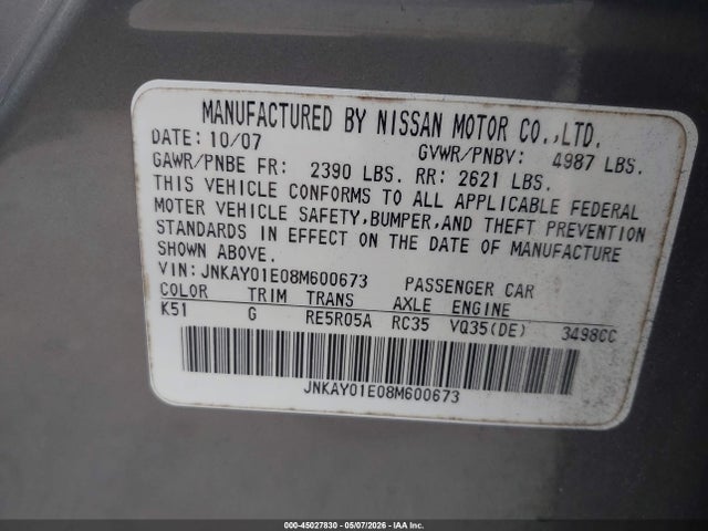 Продаж на аукціоні авто 2008 Infiniti M35, vin: JNKAY01E08M600673, номер лоту: 45027830