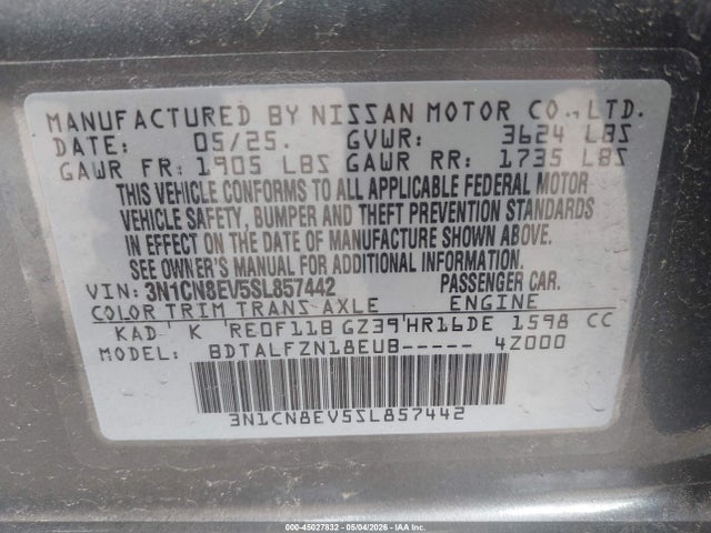 Продаж на аукціоні авто 2025 Nissan Versa 1.6 Sv, vin: 3N1CN8EV5SL857442, номер лоту: 45027832