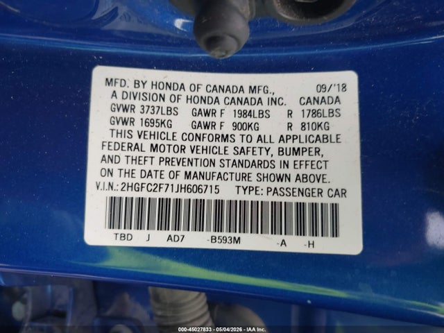 45027833 :رقم المزاد ، 2HGFC2F71JH606715 vin ، 2018 Honda Civic Ex مزاد بيع
