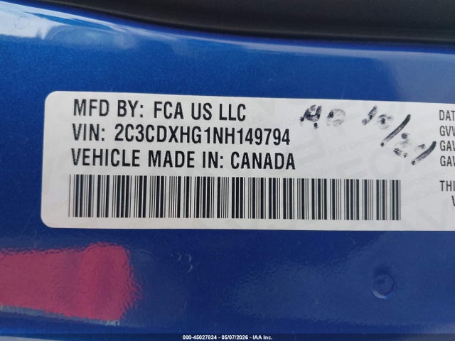 45027834 :رقم المزاد ، 2C3CDXHG1NH149794 vin ، 2022 Dodge Charger Gt Rwd مزاد بيع