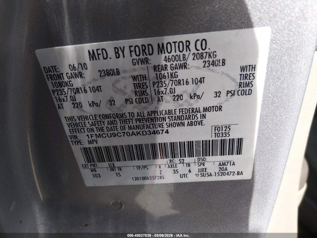 Aukcja sprzedaży 2010 Ford Escape Xls, vin: 1FMCU9C70AKD34674, numer aukcji: 45027839