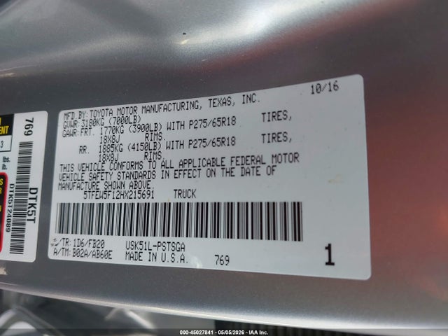 Продаж на аукціоні авто 2017 Toyota Tundra Sr5 5.7l V8, vin: 5TFEW5F12HX215691, номер лоту: 45027841