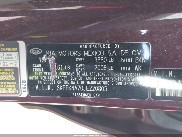 Aukcja sprzedaży 2018 Kia Forte Lx, vin: 3KPFK4A70JE220805, numer aukcji: 45027894