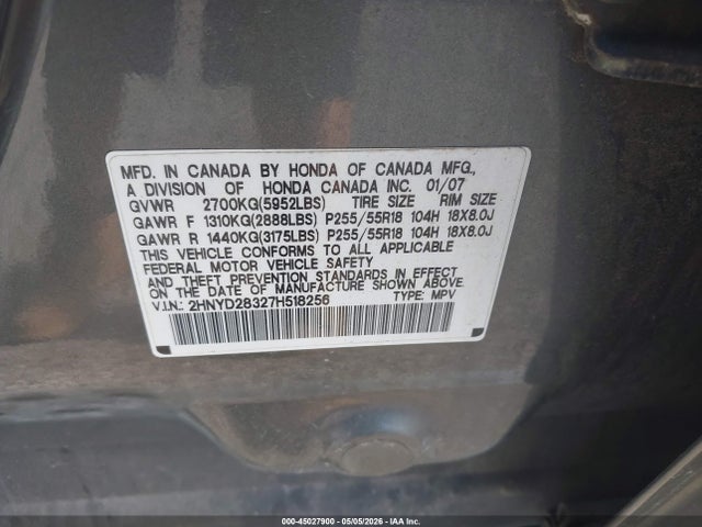 45027900 :رقم المزاد ، 2HNYD28327H518256 vin ، 2007 Acura Mdx Technology Package مزاد بيع