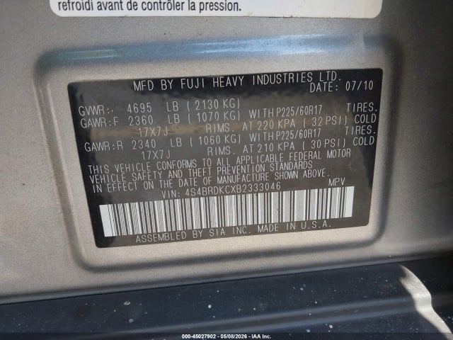 Продаж на аукціоні авто 2011 Subaru Outback 3.6r Limited, vin: 4S4BRDKCXB2333046, номер лоту: 45027902