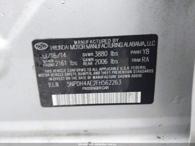 45027905 :رقم المزاد ، 5NPDH4AE2FH562263 vin ، 2015 Hyundai Elantra Se مزاد بيع