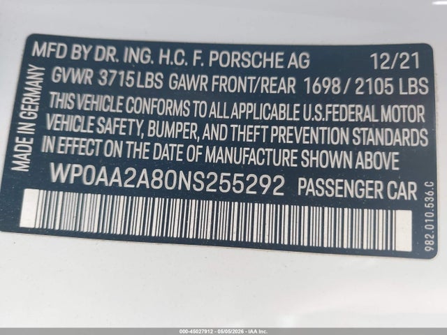 Porsche 718 Cayman T 2022 WP0AA2A80NS255292 Image 9
