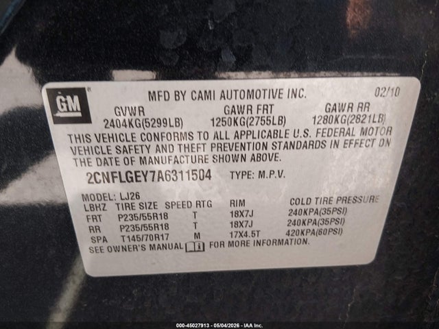 Продаж на аукціоні авто 2010 Chevrolet Equinox Ltz, vin: 2CNFLGEY7A6311504, номер лоту: 45027913