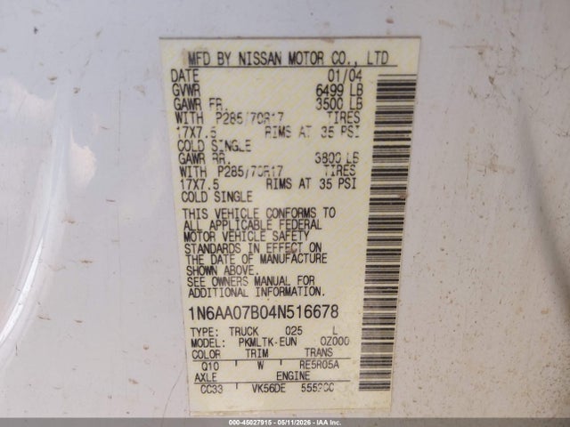 45027915 :رقم المزاد ، 1N6AA07B04N516678 vin ، 2004 Nissan Titan Se مزاد بيع