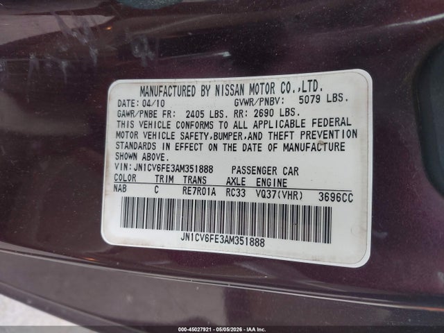 2010 Infiniti G37 მანქანა იყიდება აუქციონზე, vin: JN1CV6FE3AM351888, აუქციონის ნომერი: 45027921