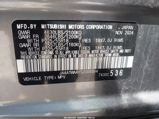 Продаж на аукціоні авто 2025 Mitsubishi Eclipse Cross, vin: JA4ATWAA1SZ009384, номер лоту: 45027926