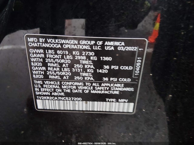 45027934 :رقم المزاد ، 1V2KR2CA7NC527200 vin ، 2022 Volkswagen Atlas 3.6l V6 Se W/technology مزاد بيع