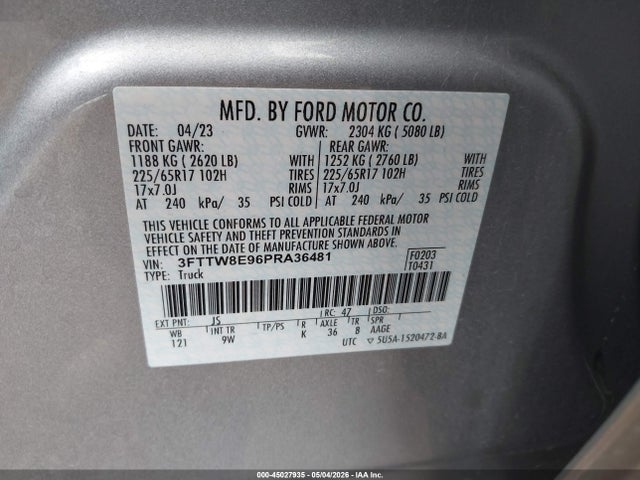 2023 Ford Maverick Xl მანქანა იყიდება აუქციონზე, vin: 3FTTW8E96PRA36481, აუქციონის ნომერი: 45027935