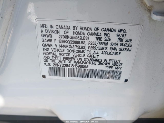 Aukcja sprzedaży 2008 Acura Mdx Technology Package, vin: 2HNYD28418H508005, numer aukcji: 45027937