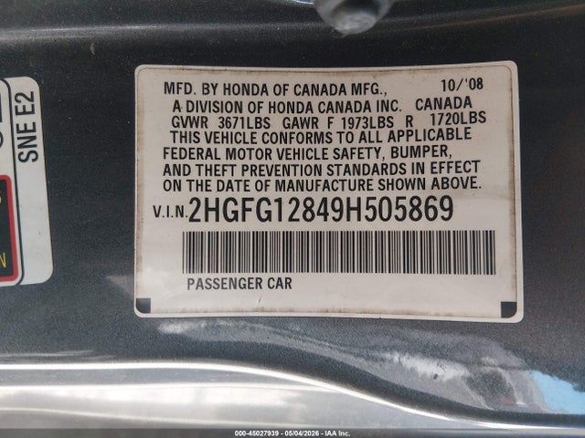 Aukcja sprzedaży 2009 Honda Civic Ex, vin: 2HGFG12849H505869, numer aukcji: 45027939