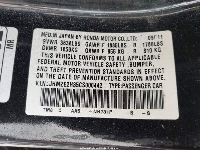 2012 Honda Insight მანქანა იყიდება აუქციონზე, vin: JHMZE2H35CS000442, აუქციონის ნომერი: 45027954