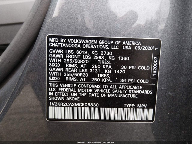 2021 Volkswagen Atlas 3.6l V6 Se W/technology მანქანა იყიდება აუქციონზე, vin: 1V2KR2CA3MC506830, აუქციონის ნომერი: 45027958
