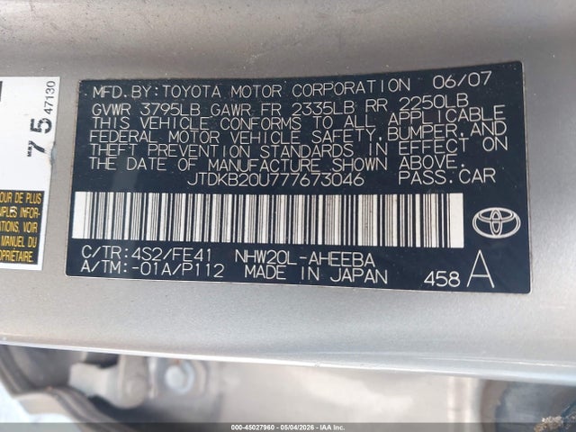 Продажа на аукционе авто 2007 Toyota Prius, vin: JTDKB20U777673046, номер лота: 45027960