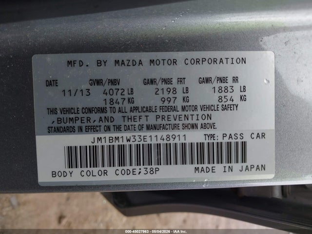 2014 Mazda Mazda3 S Grand Touring მანქანა იყიდება აუქციონზე, vin: JM1BM1W33E1148911, აუქციონის ნომერი: 45027963