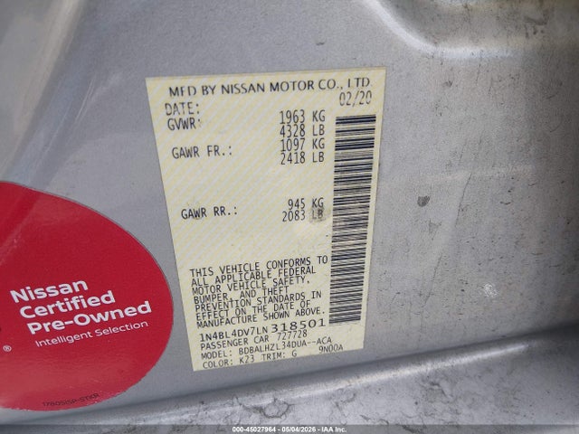 45027964 :رقم المزاد ، 1N4BL4DV7LN318501 vin ، 2020 Nissan Altima Sv Fwd مزاد بيع