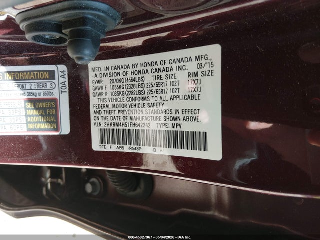 45027967 :رقم المزاد ، 2HKRM4H51FH642242 vin ، 2015 Honda Cr-v Ex مزاد بيع
