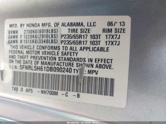 Aukcja sprzedaży 2013 Honda Odyssey Ex-l, vin: 5FNRL5H61DB090240, numer aukcji: 45027968