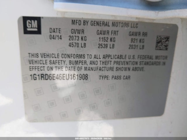 45027973 :رقم المزاد ، 1G1RD6E46EU161908 vin ، 2014 Chevrolet Volt مزاد بيع